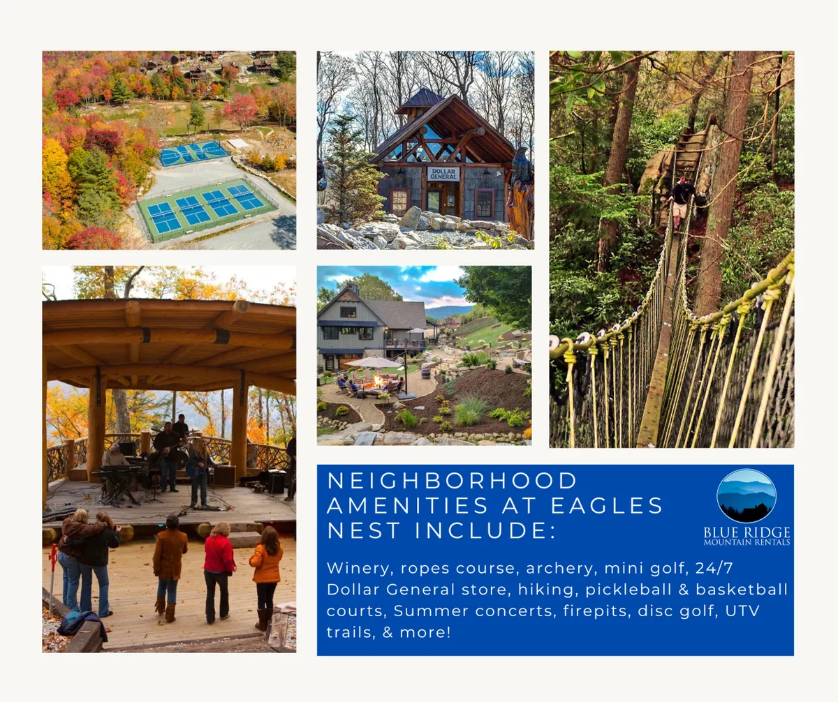 A sweeping view of Eagles Nest’s community activity areas, with visible outdoor gathering spaces, lush natural landscapes, and prominent resort amenities such as the onsite winery, a ropes course, and courts for mini golf and pickleball. In the background, people are attending a lively summer concert, and guests can be seen exploring trails and participating in archery.
